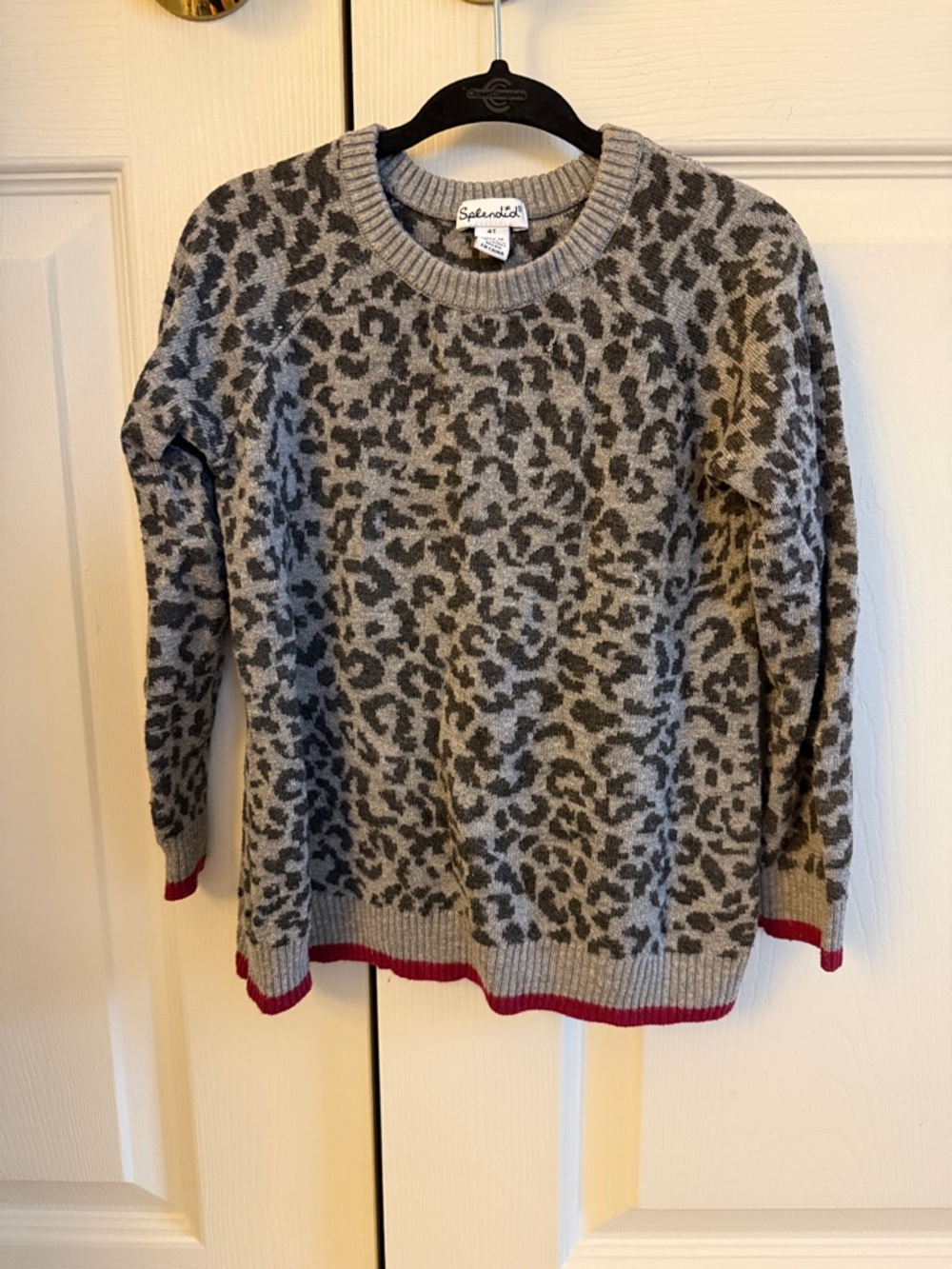 Splendid Grey Leopard Print Sweater with Red Trim